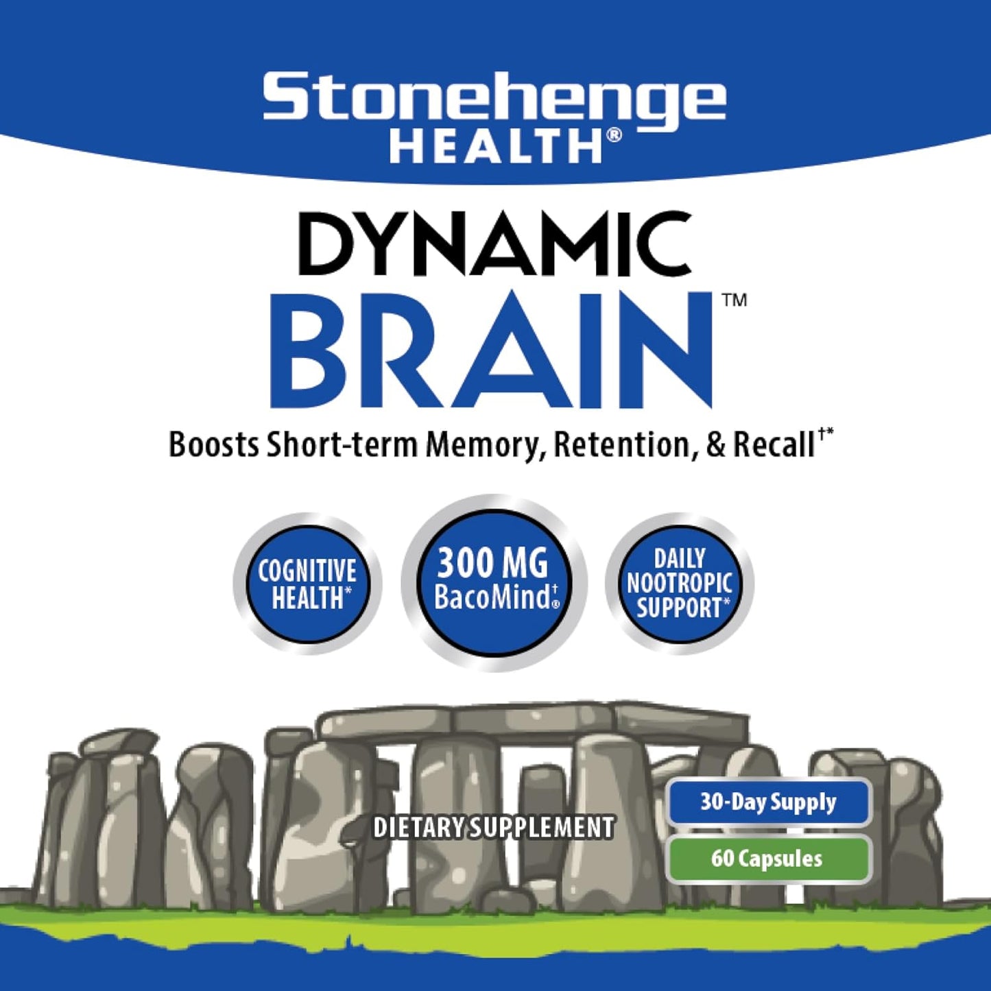 Stonehenge Health Dynamic Brain Supplement Pack of 2 – New Formula with BacoMind for Memory Acquisition, Retention, & Recall with 40 Unique Nootropic: Choline, Phosphatidylserine, and Huperzine