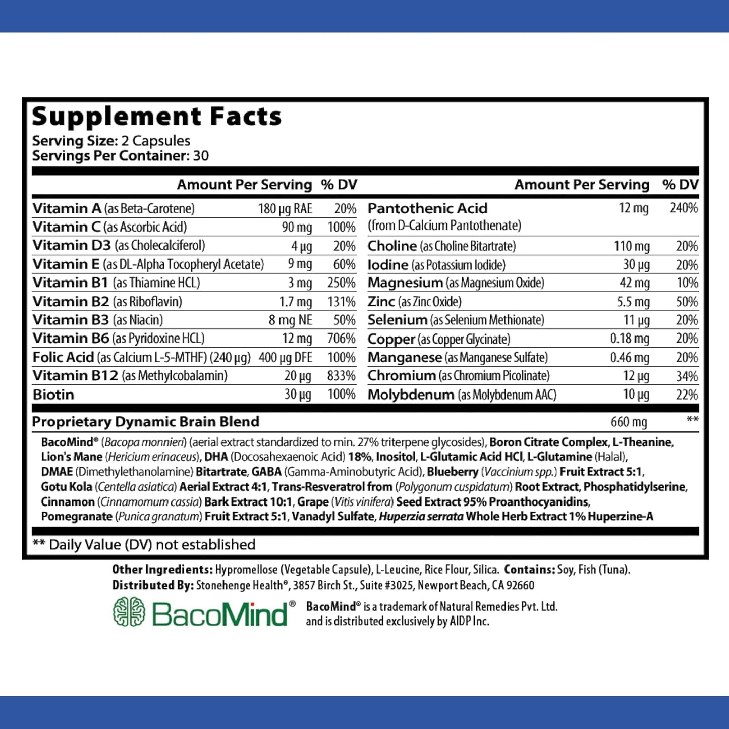 Stonehenge Health Dynamic Brain Supplement Pack of 2 – New Formula with BacoMind for Memory Acquisition, Retention, & Recall with 40 Unique Nootropic: Choline, Phosphatidylserine, and Huperzine
