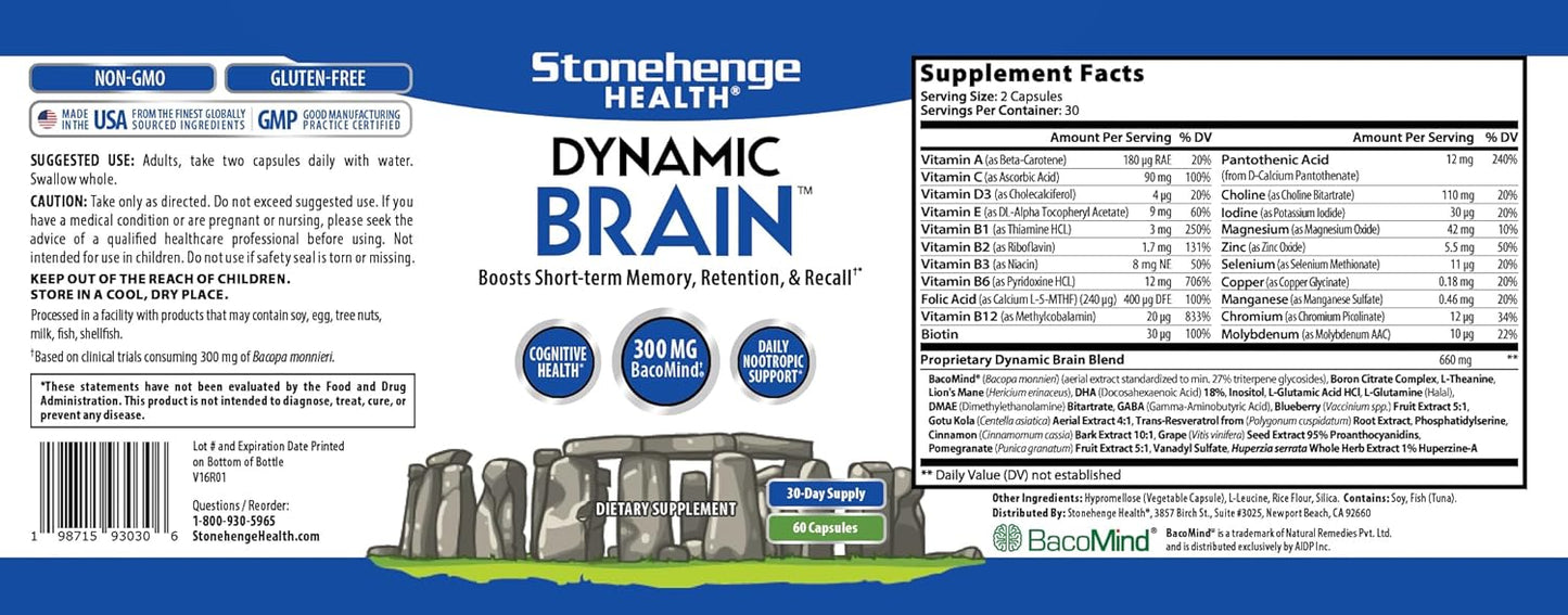 Stonehenge Health Dynamic Brain Supplement Pack of 2 – New Formula with BacoMind for Memory Acquisition, Retention, & Recall with 40 Unique Nootropic: Choline, Phosphatidylserine, and Huperzine