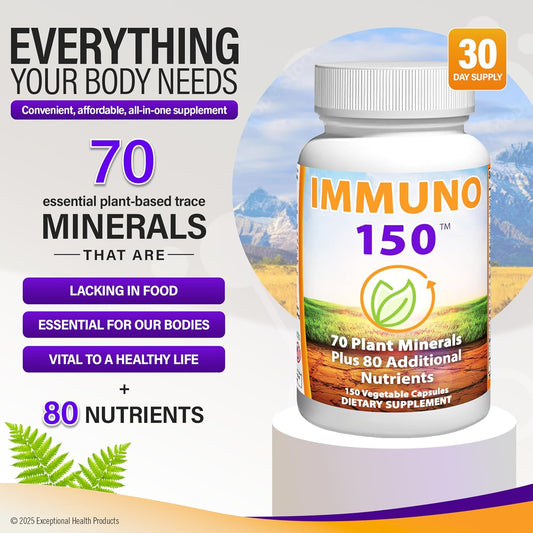 Immuno150 Immune Support Supplement, 150 Vegetable Capsules - Immunity Boost Packed with 70 Trace Minerals, 13 Essential Vitamins, Antioxidants, Herbs & Amino Acids - Immune System Booster for Adults