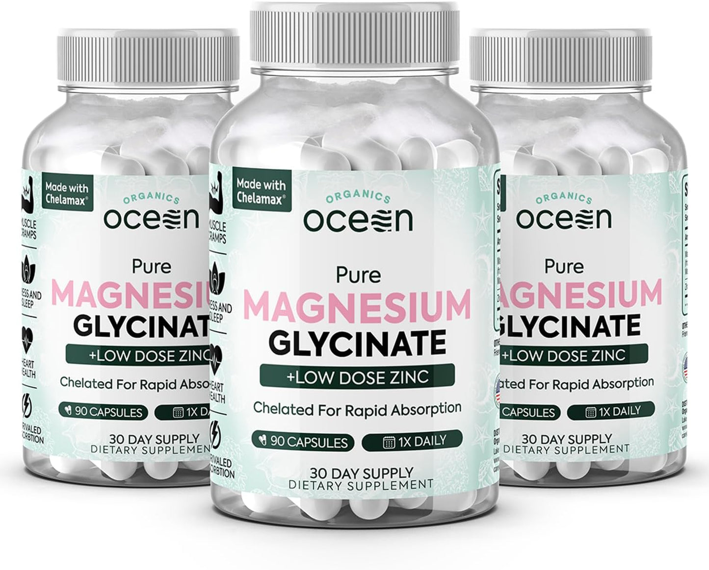 Pure Magnesium Glycinate with Zinc - Maximum Strength Chelated Magnesium Supplement for Women and Men 90 Capsule