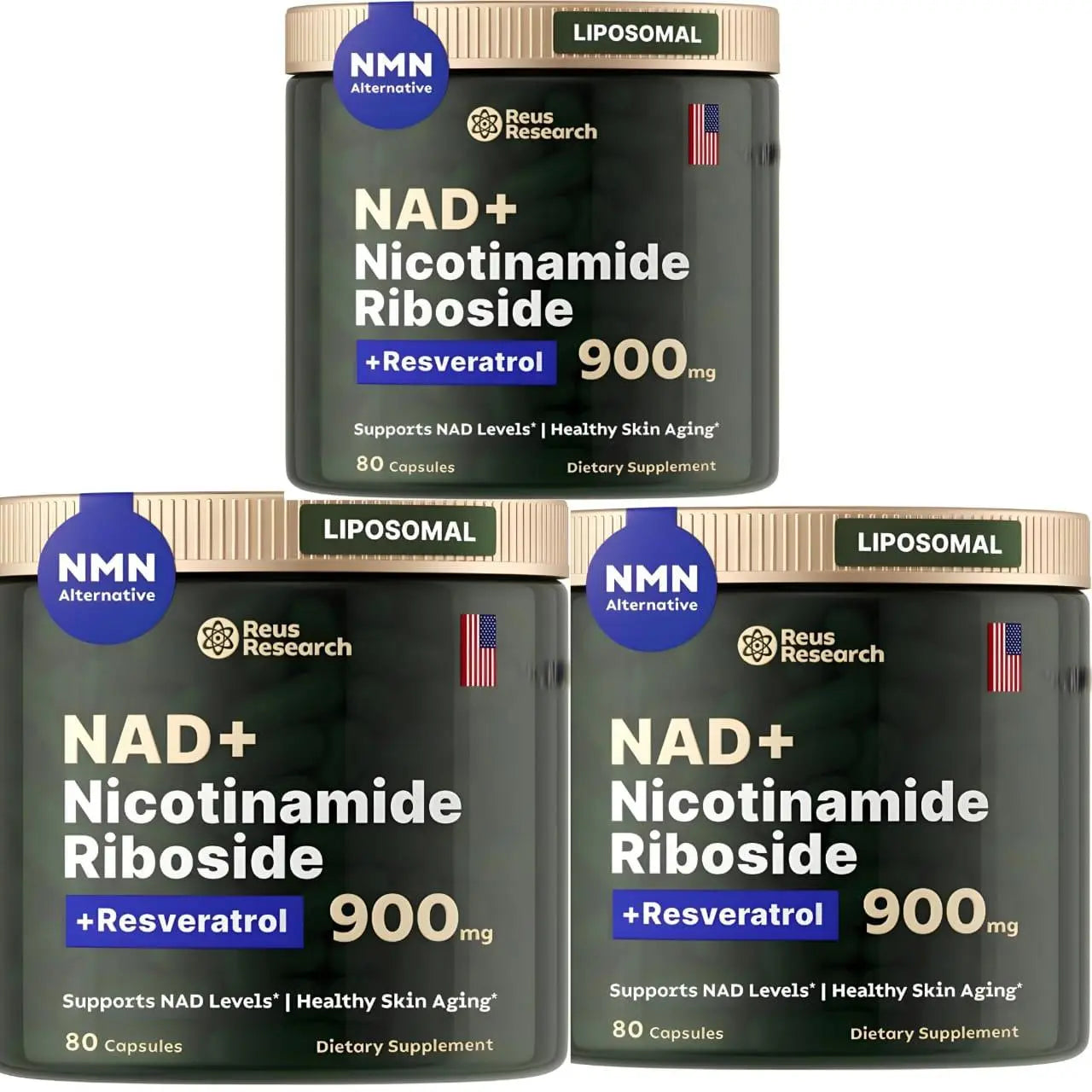 Reus Research Nicotinamide Riboside 900mg Pack of 3, NAD+ Supplement NMN Supplement Alternative, NAD Supplement for Anti-Aging, Energy, Focus - 100 Capsules - Beautglo