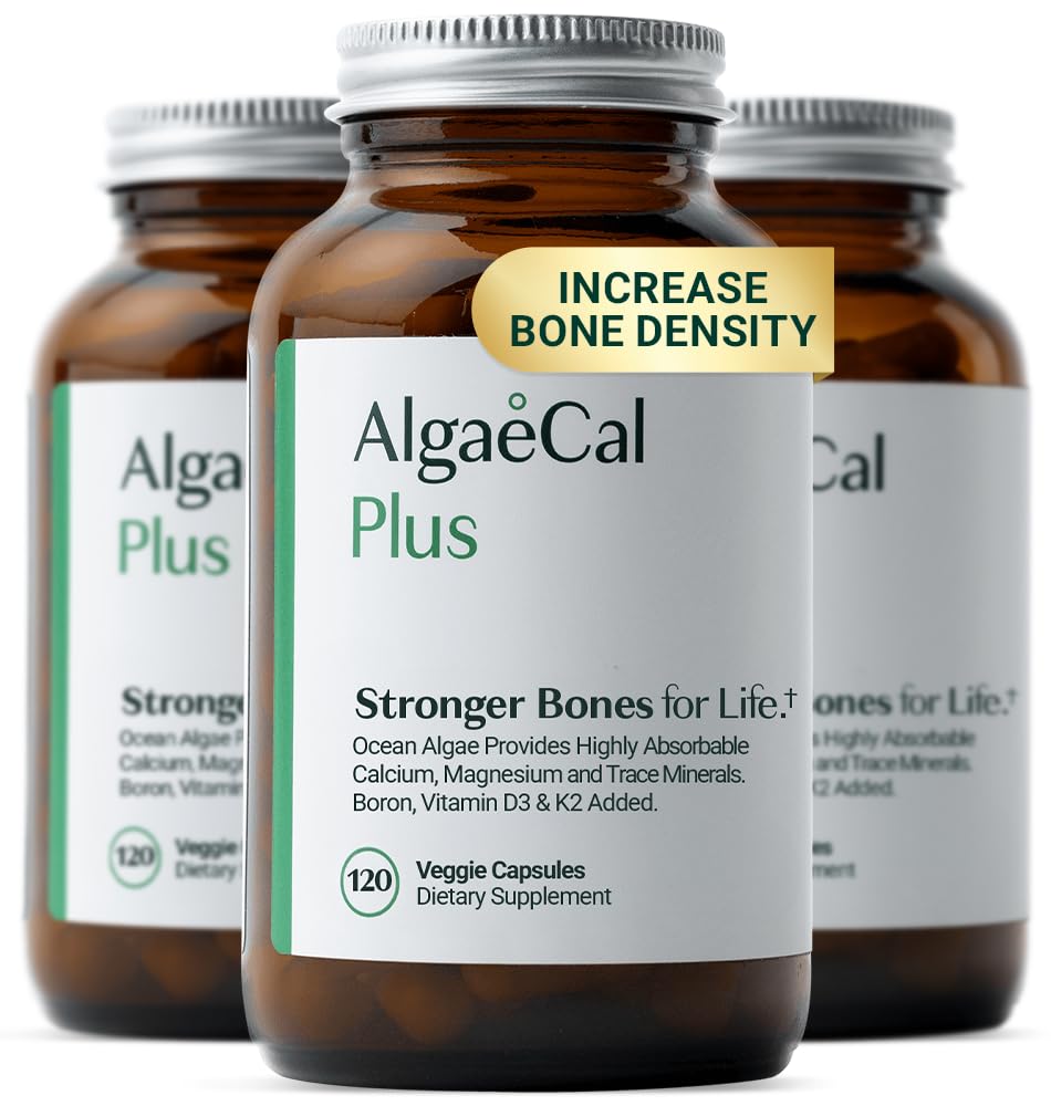 ALGAECAL Organic Red Algae Calcium Supplement for Bone for life & Strength, Vitamin K2 MK7 (100mg), Vitamin D3 (1600 IU), Magnesium (350mg) & Trace Minerals, Easy to Swallow, 120 Veggie Caps, 3 Packs