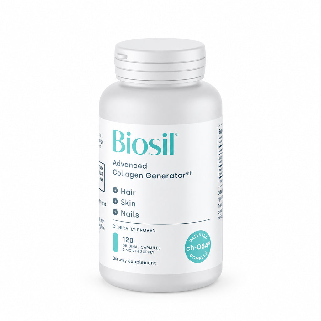 Biosil Advanced Collagen Generator dietary supplement, showing the teal and white product box, a white bottle with a white cap, and three capsules in the foreground on a clean white background.