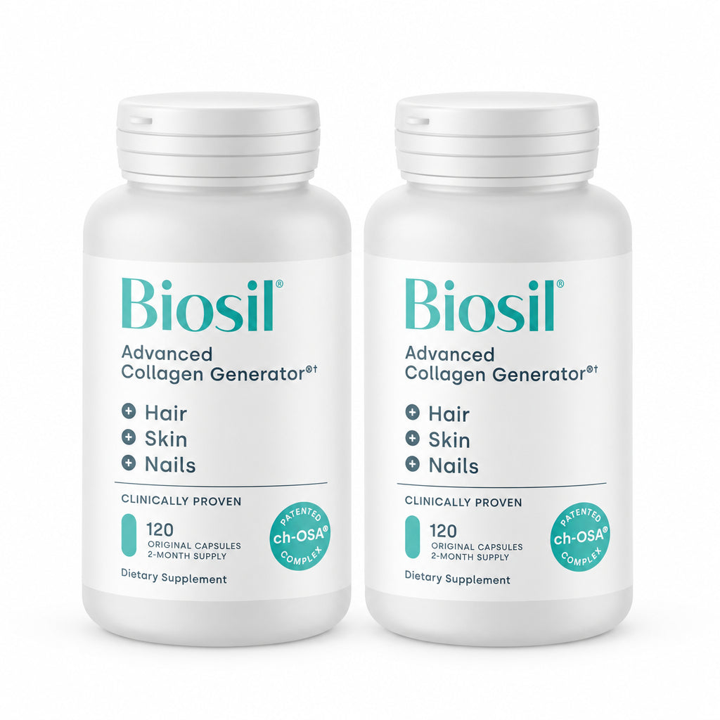 Biosil Advanced Collagen Generator dietary supplement, showing the teal and white product box, a white bottle with a white cap, and three capsules in the foreground on a clean white background.
