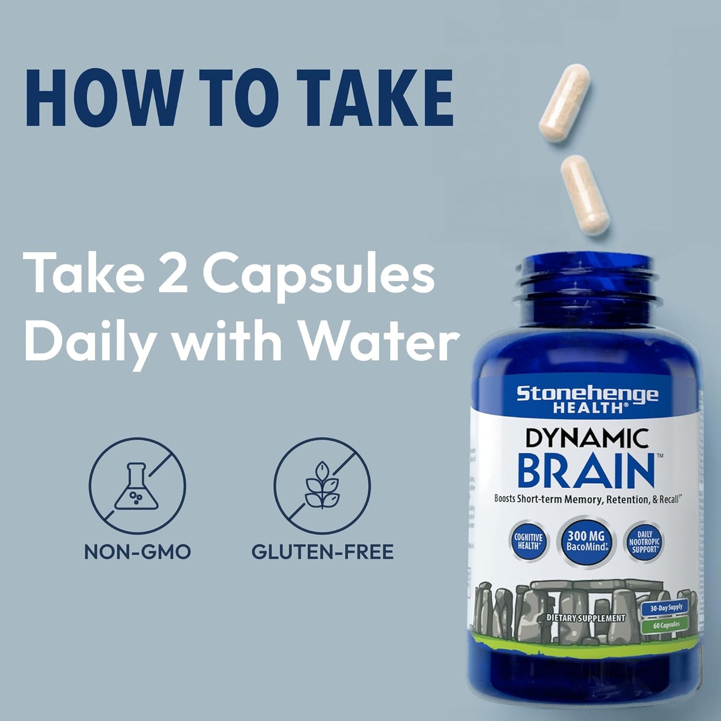 Stonehenge Health Dynamic Brain Supplement Pack of 2 – New Formula with BacoMind for Memory Acquisition, Retention, & Recall with 40 Unique Nootropic: Choline, Phosphatidylserine, and Huperzine