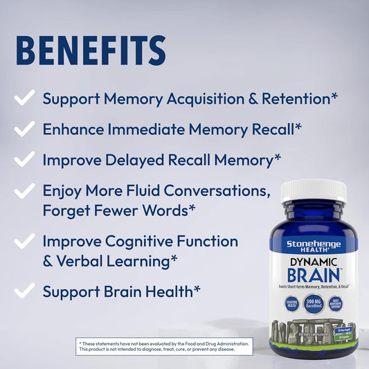Stonehenge Health Dynamic Brain Supplement Pack of 2 – New Formula with BacoMind for Memory Acquisition, Retention, & Recall with 40 Unique Nootropic: Choline, Phosphatidylserine, and Huperzine