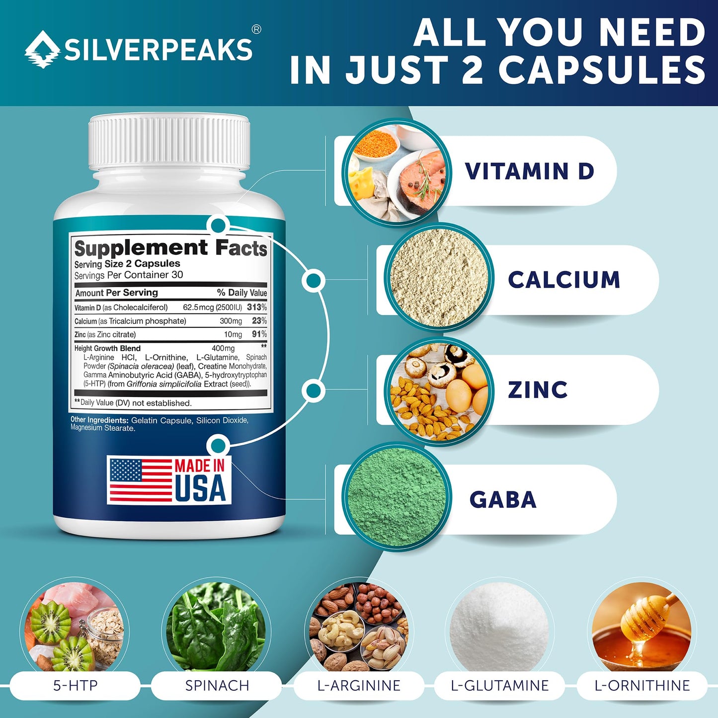 SILVERPEAKS Growth Capsules to Grow Taller - Height Growth Maximizer with Calcium for Bone Strength - Made in USA - Natural Get Taller Supplement - Free of Growth Hormone