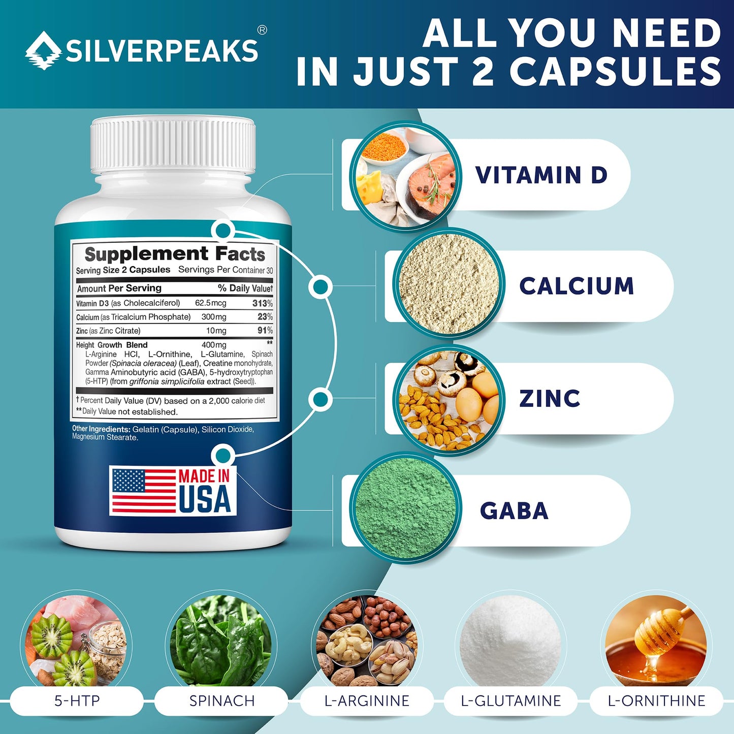 SILVERPEAKS Growth Capsules to Grow Taller - Height Growth Maximizer with Calcium for Bone Strength - Made in USA - Natural Get Taller Supplement - Free of Growth Hormone