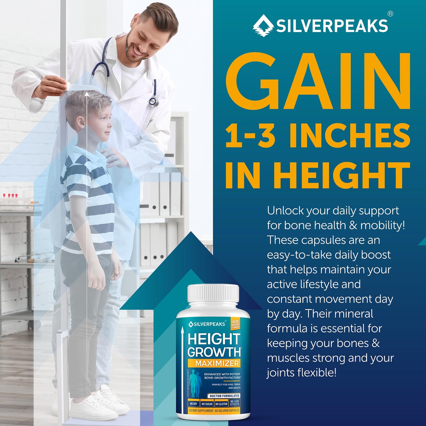SILVERPEAKS Growth Capsules to Grow Taller - Height Growth Maximizer with Calcium for Bone Strength - Made in USA - Natural Get Taller Supplement - Free of Growth Hormone