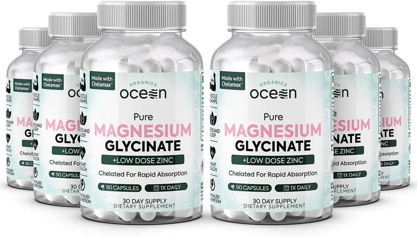 Pure Magnesium Glycinate with Zinc - Maximum Strength Chelated Magnesium Supplement for Women and Men 90 Capsule