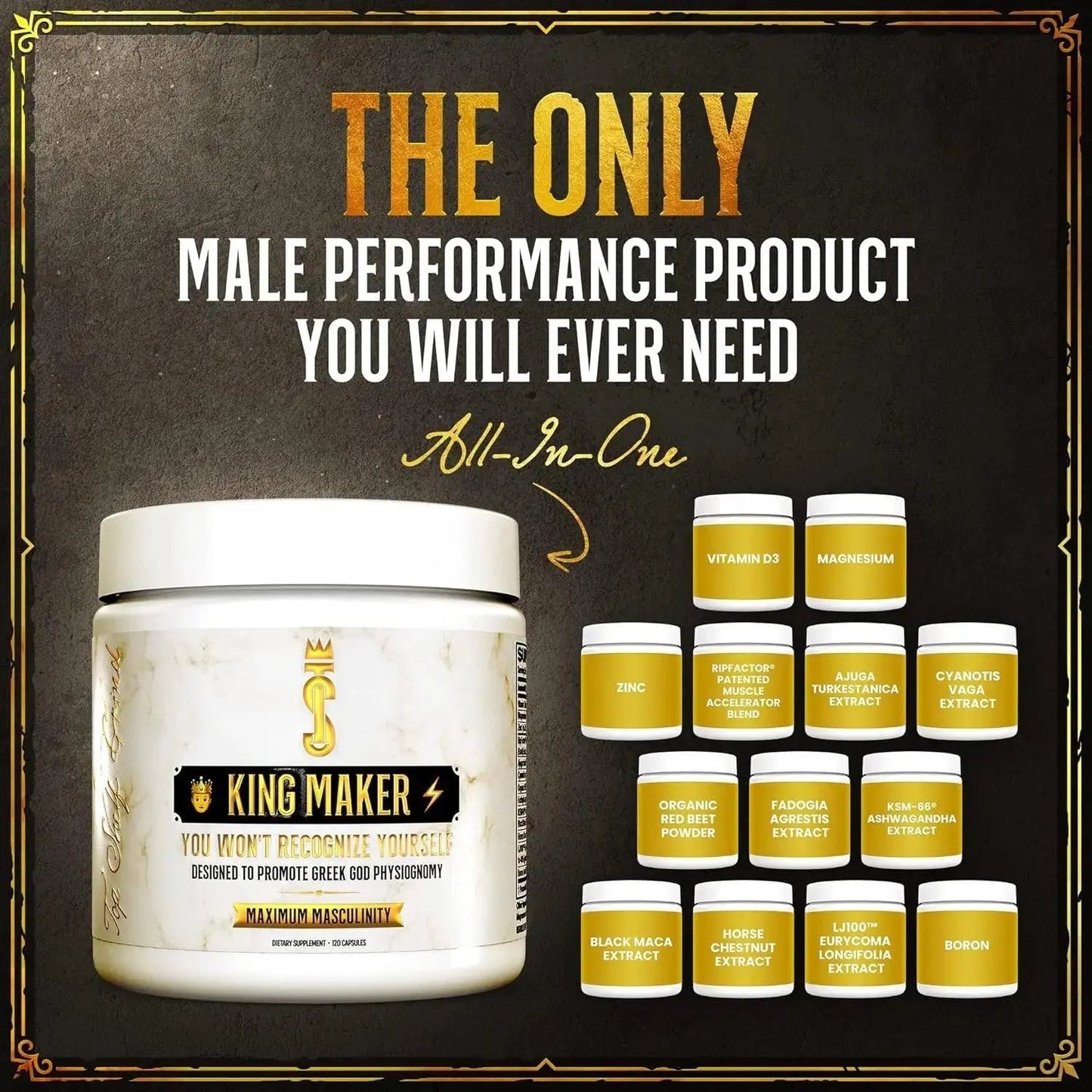 Top Shelf Grind King Maker Pack of 3, 13-in-1 Anabolic Supplement for Men to Increase Stamina, Lean Muscle Growth & Recovery, N.O. Booster with Tongkat Ali (LJ100), 120 Capsules - Beautglo