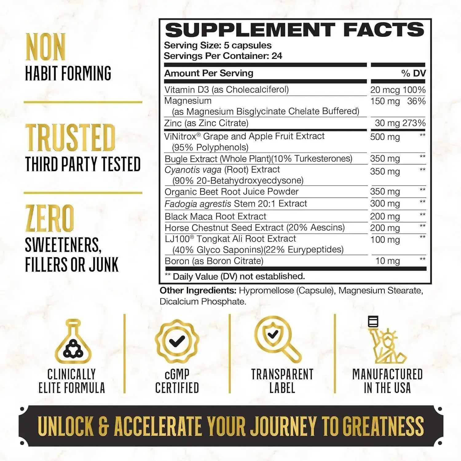 Top Shelf Grind King Maker Pack of 5, 13-in-1 Anabolic Supplement for Men to Increase Stamina, Lean Muscle Growth & Recovery, N.O. Booster with Tongkat Ali (LJ100), single box 120 Capsules - Beautglo