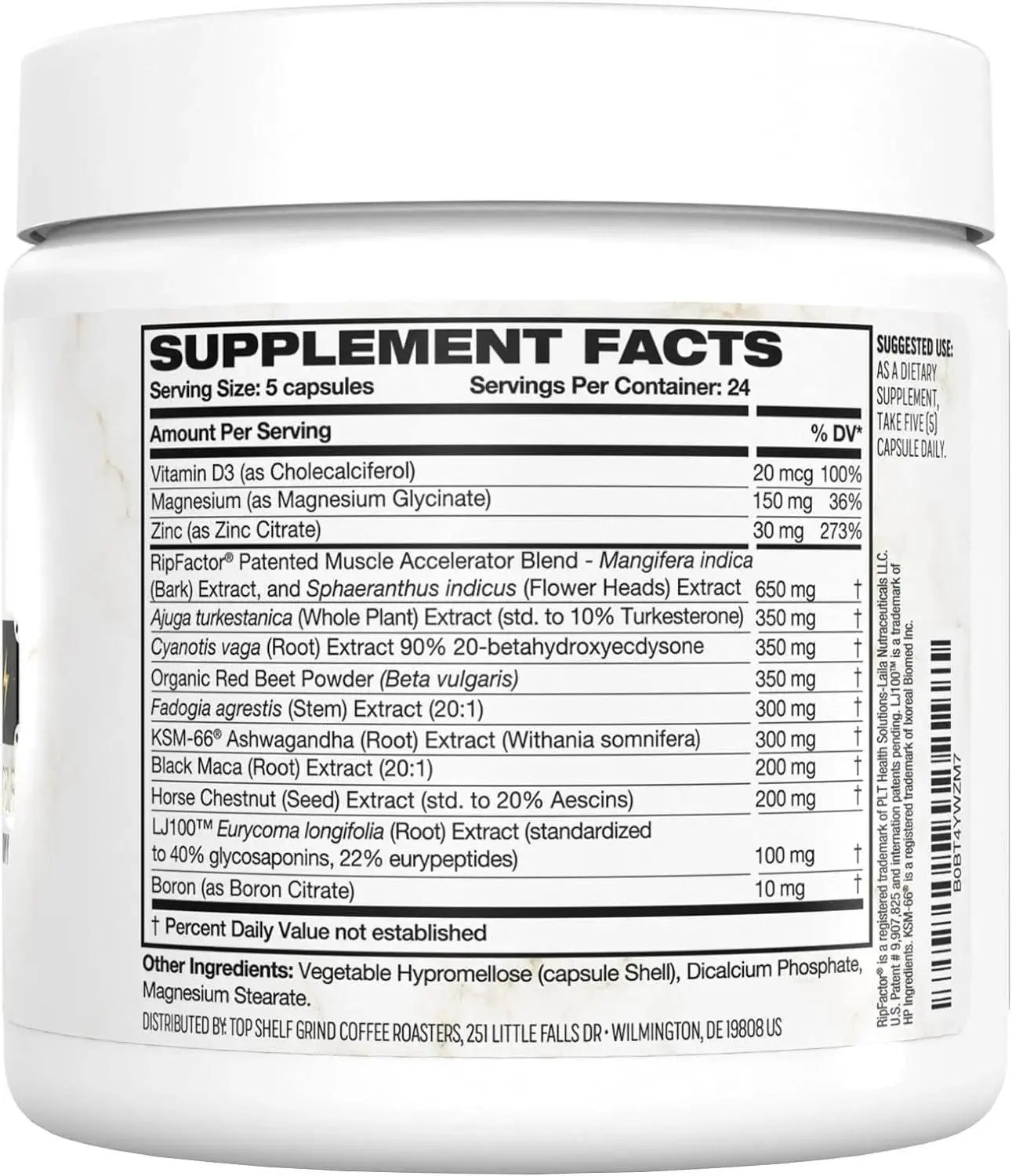 Top Shelf Grind King Maker Pack of 5, 13-in-1 Anabolic Supplement for Men to Increase Stamina, Lean Muscle Growth & Recovery, N.O. Booster with Tongkat Ali (LJ100), single box 120 Capsules - Beautglo